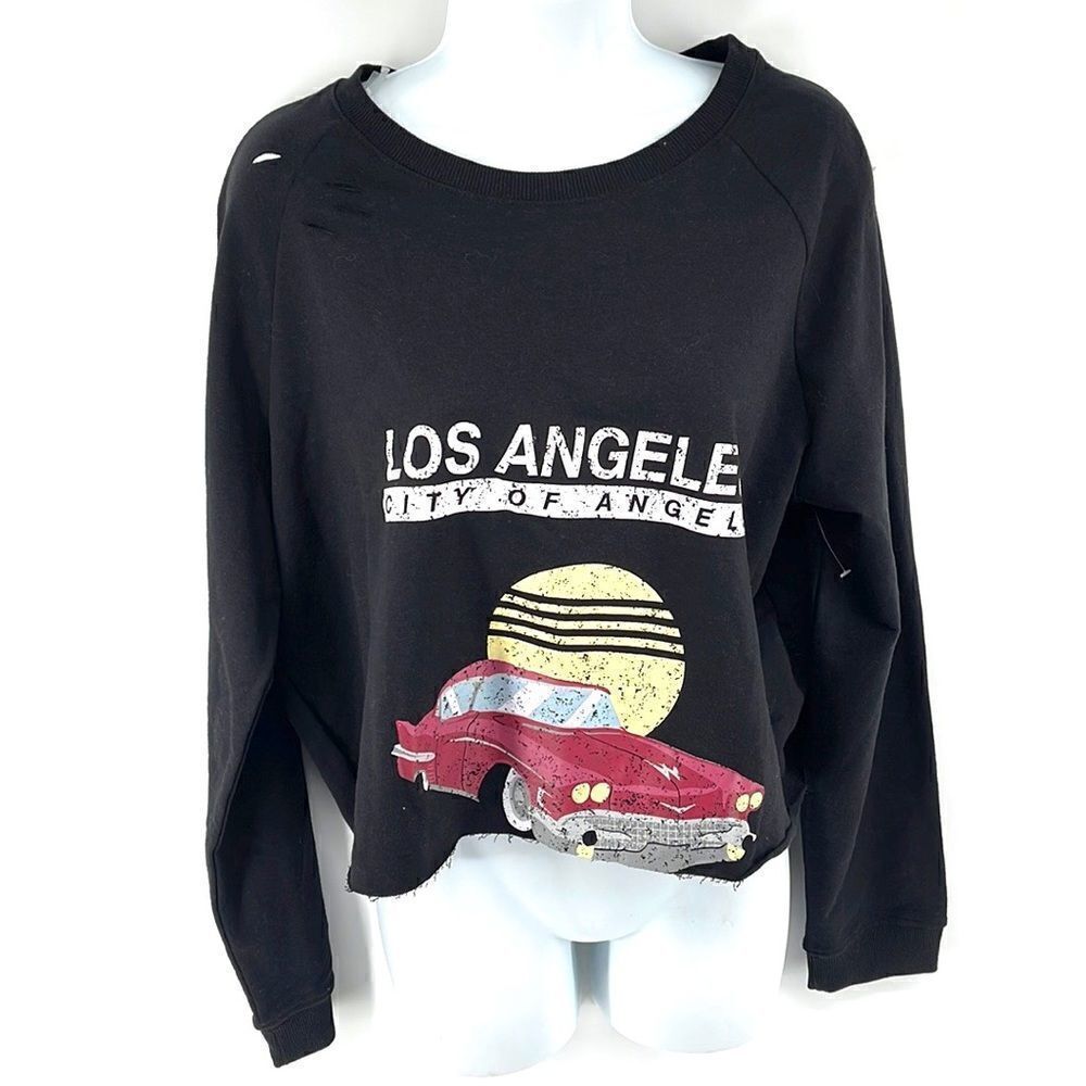 Derek heart distressed slashed cropped Los Angeles sweatshirt vintage car NEW 1X - Picture 1 of 11